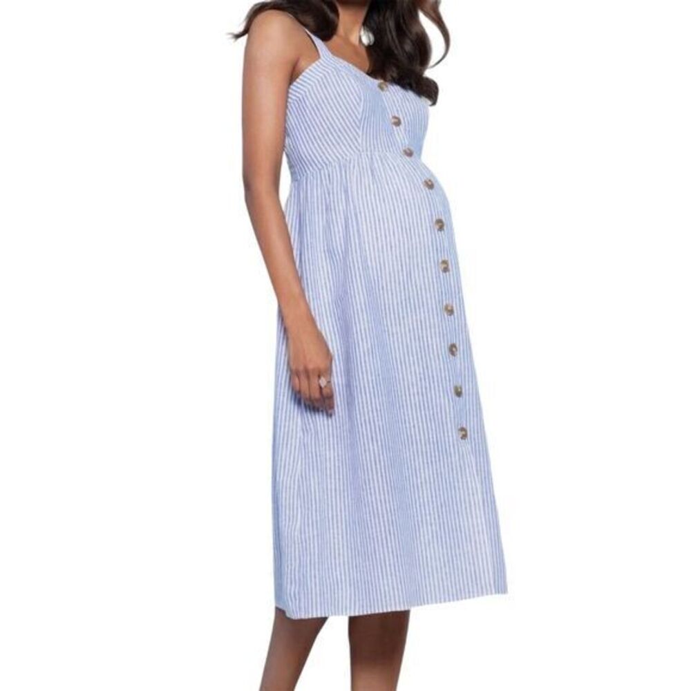 Seraphine Maternity Nursing Midi Sundress Blue Sleeveless Size 14 Linen